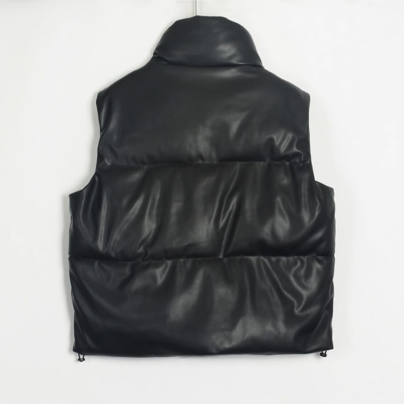 Women Black Warm Sleeveless Puff Pu Leather Vest with Turtleneck Zipper and Buttons detail