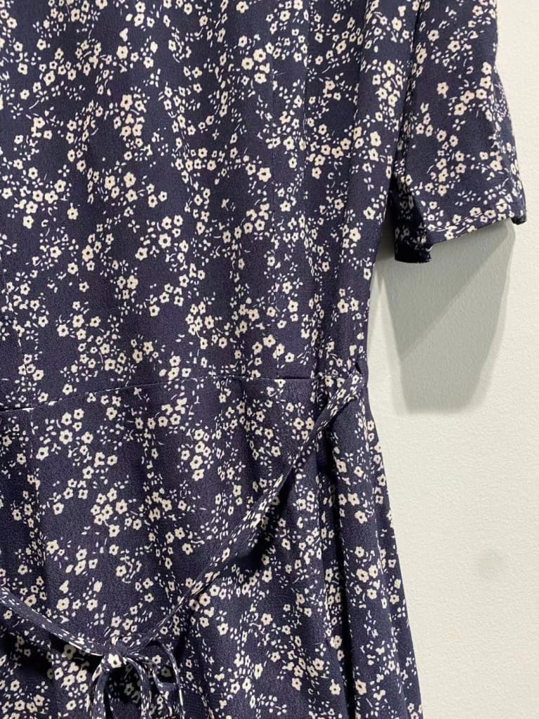 Vintage Navy Blue Wrap Floral Short Sleeve Mini Dress