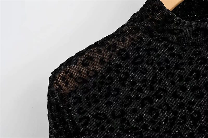 Women Black Glitter Leopard Sequin Sheer Long Sleeve Bodysuit