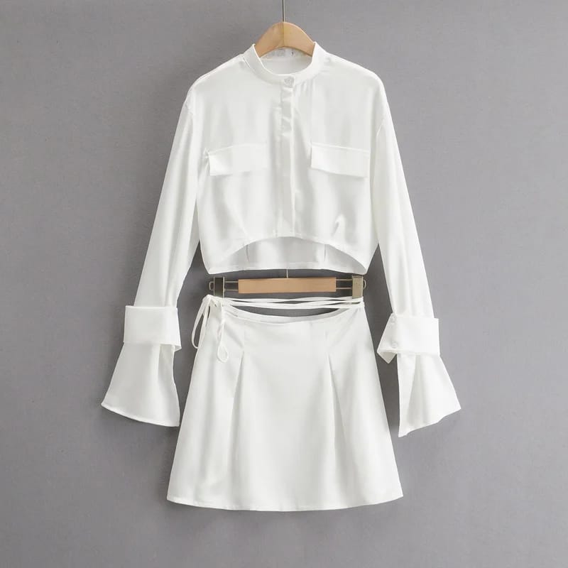 Women White Long Sleeve Satin Stand Collar Crop top Shirt with Cuff Closer and Tie Strap Mini