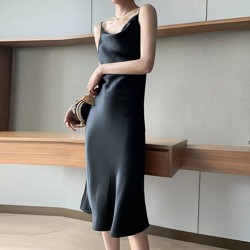 Sun-imperial Women Black Sleeveless Cami Strap V Neck Soft Satin Slip Long Dress
