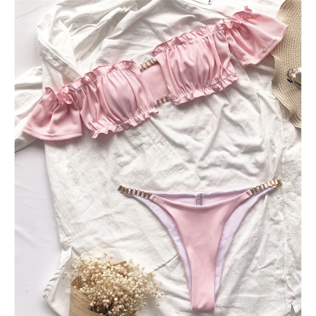 Women Pink Ribbed off Shoulder Ruffled Frilled Bikini Set with Rust Gold Chain Decor