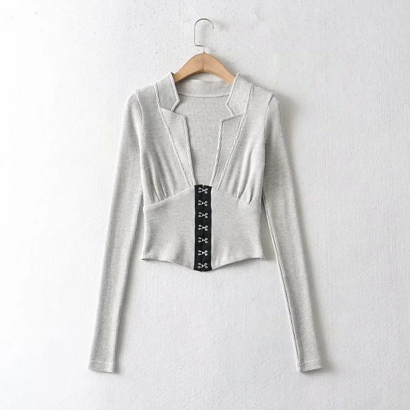 Women Grey Deep V Plunge Neck Long Sleeve T-shirt Ribbed top with Hooks front