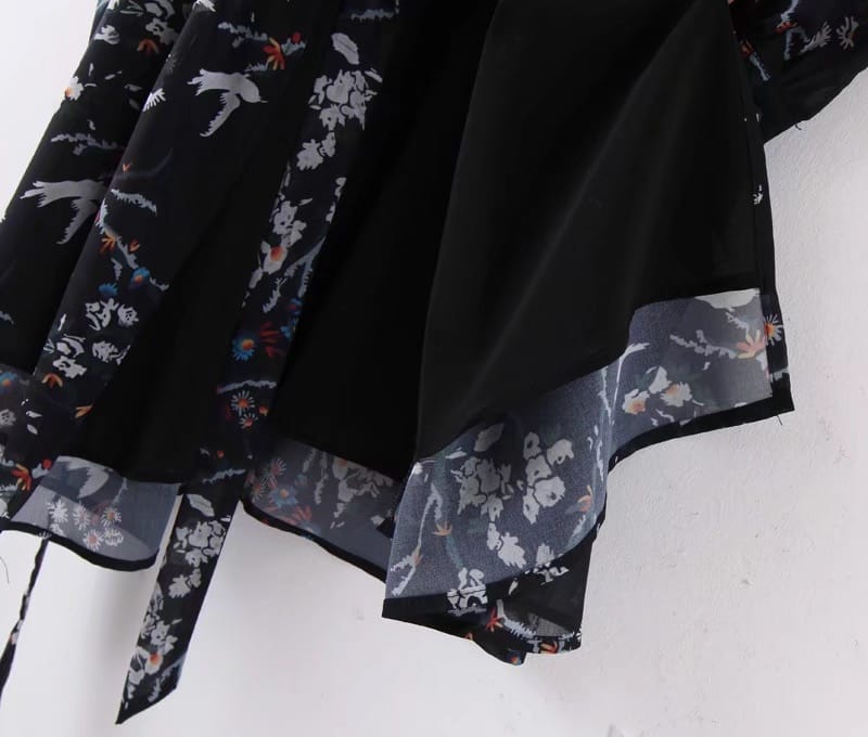 Women Vintage Black Floral Print Dress V Neck Long Sleeve High Waist A-line Casual Mini