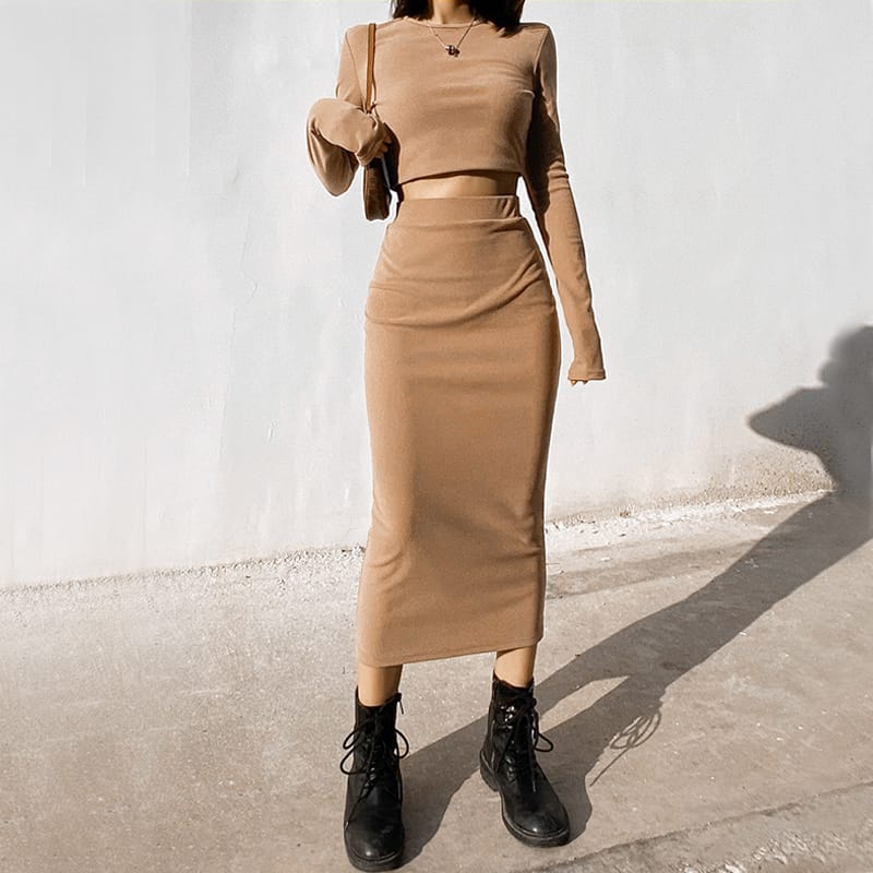 Women Dark Grey Casual Co-ord Fit O Neck Long Sleeve Crop top and Midi Skirt Set