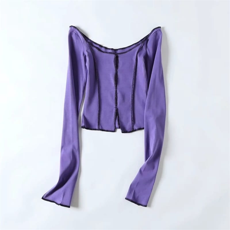 Women Purple Exposed Seams Long Sleeve top with Hollow out Center detail