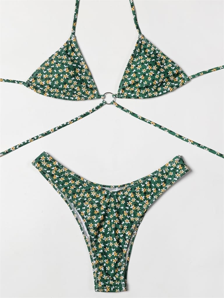 Women Green Triangle Vintage Floral Print Bikini Set with Ring detail