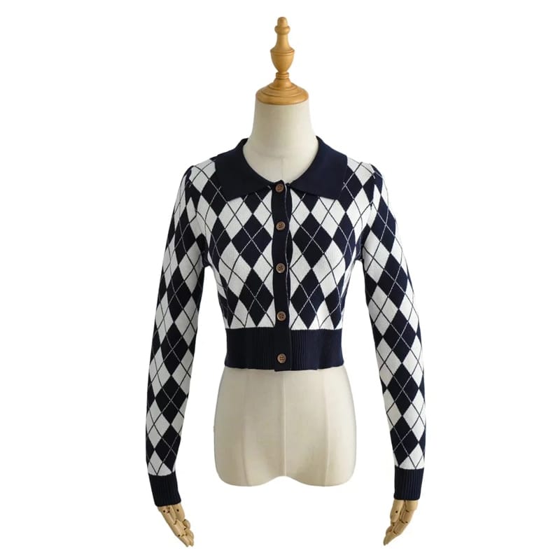 Blue Women Collared Fitted Crop Cardigan Knitted Argyle