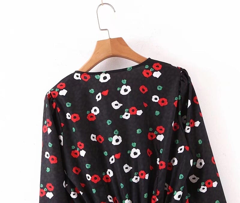 Women Vintage Black Red Floral Print Dress V Neck Long Sleeve High Waist A-line Casual Mini