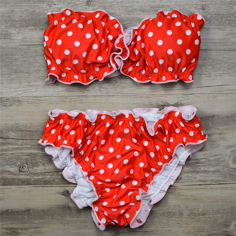 Red Polka Dot Strapless Tube Ruffle Padded Bikini