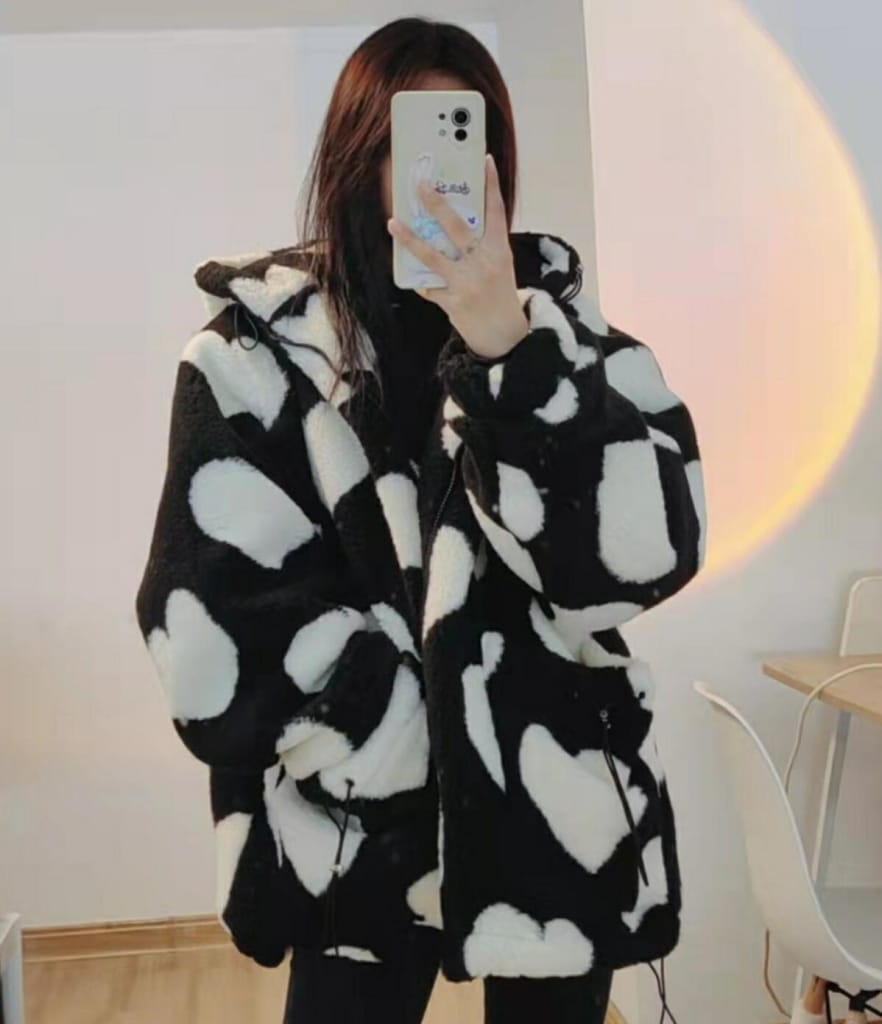 Women Oversized Black Faux Fur Hooded Coat with White Heart Print detail