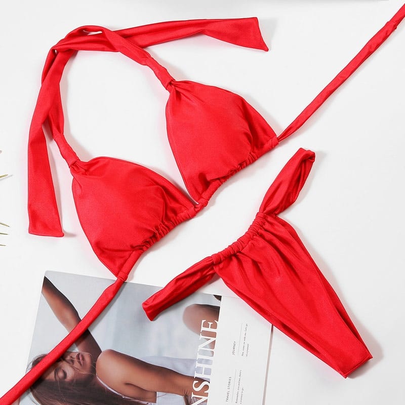 Solid Red Ruched Sports Bra Bikini Set