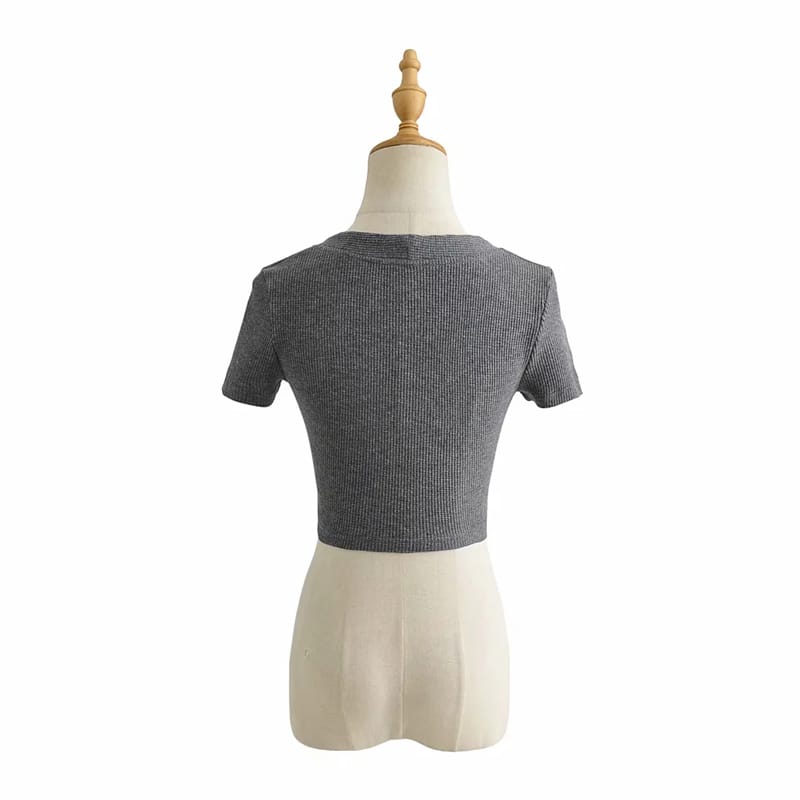 Women Light Grey Super Cropped top with Short Sleeve Fitted Waffle T-shirt