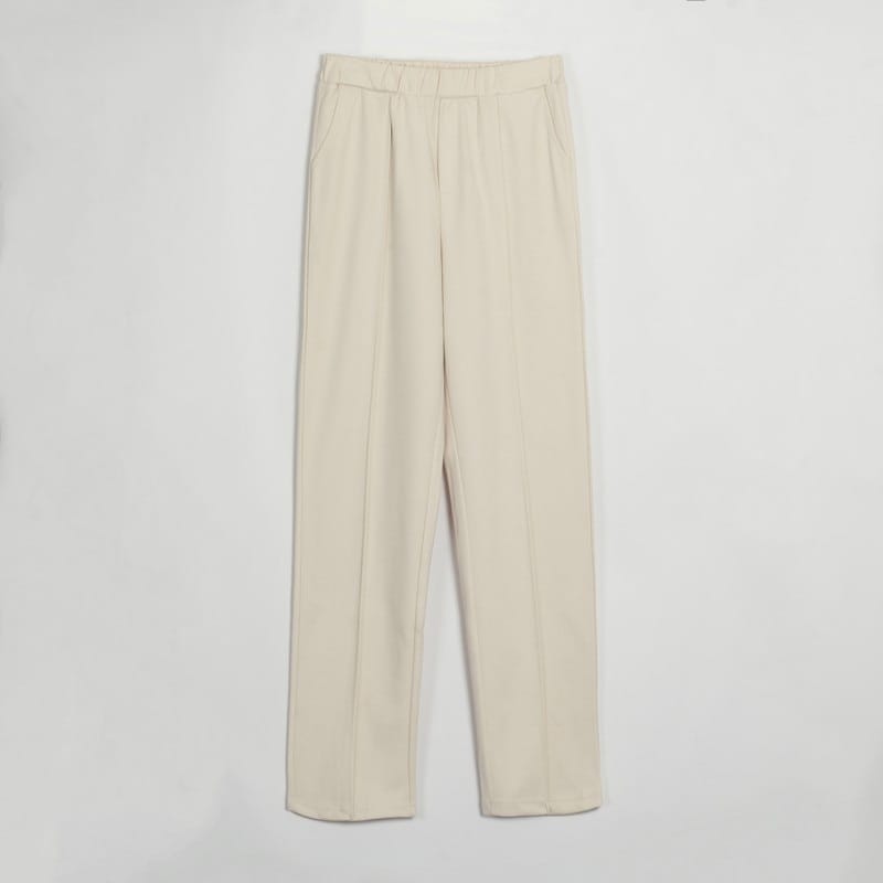 Women Beige Casual thick Trousers Pants with Elastic Waist and Pockets detail