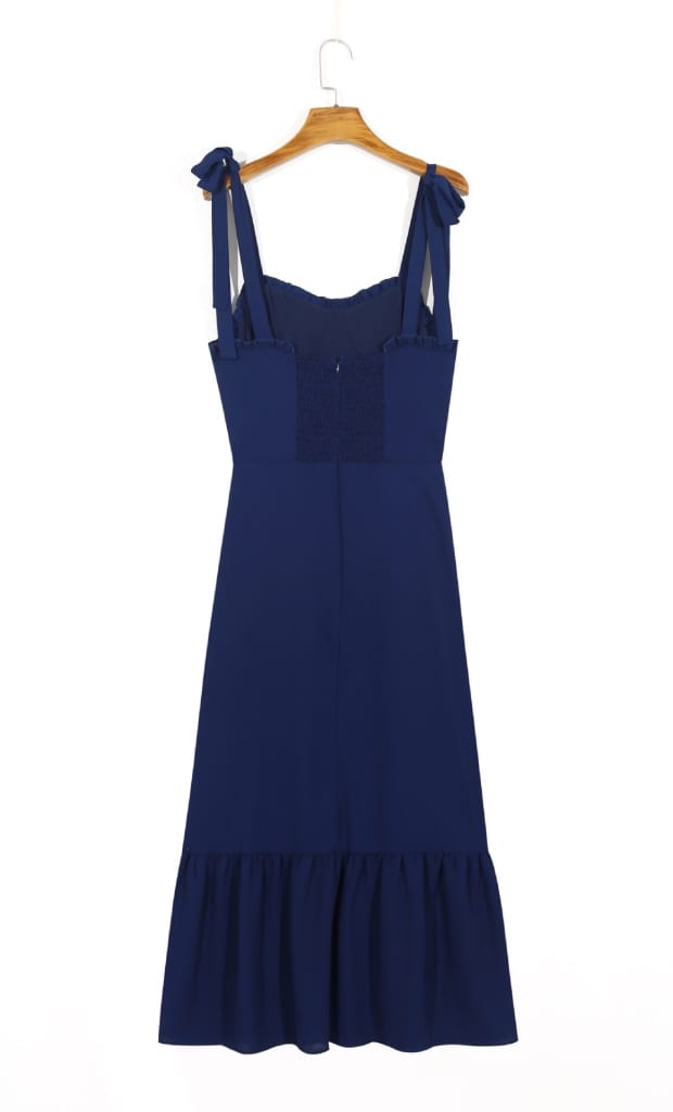 Vintage Plain Blue Tie Cami Strap Midi Dress A-line Cut with Ruffle Decor