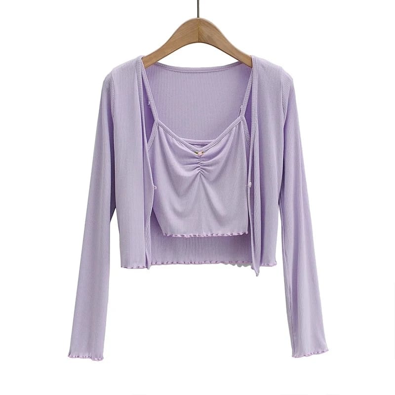 Women Lavender Ribbed One Button front Cardigan and Ruched Cami Tank top Set with Flower Decor