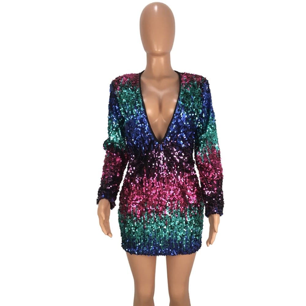 Women Party Dress Color Block Sequin Mini Long Sleeve Deep V-neck