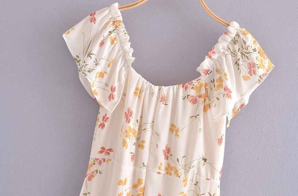 Sun-imperial Beige Vintage Ruffled Decor off the Shoulder Chiffon Floral Print Midi Dress