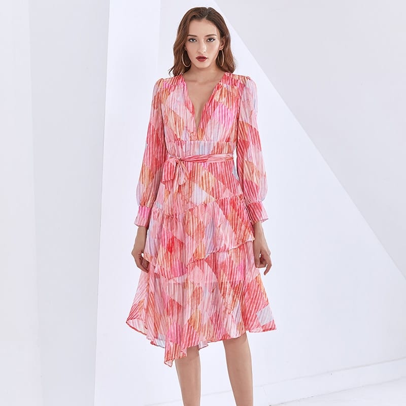 Pink Midi V Neck Dress with Lantern Long Sleeve Tie Waist and Ruffle detail