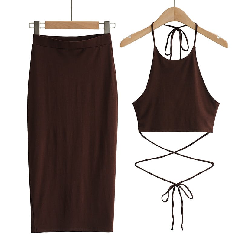 Women Brown Sporty Casual Co-ord Tie Halter Crop top with Wrap around Waist Midi Pencil Skirt