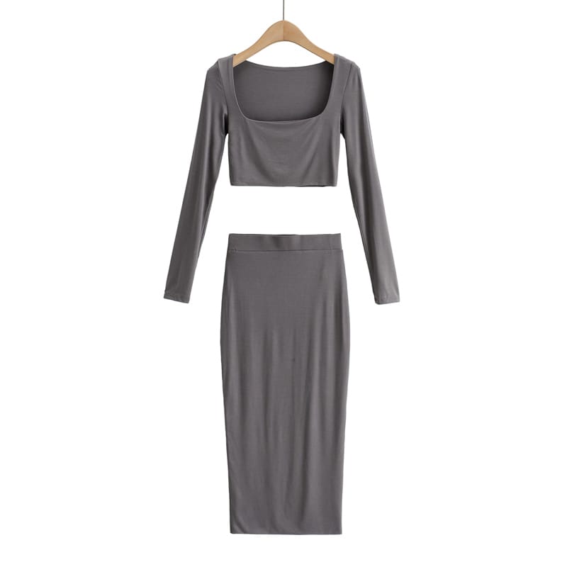 Women Grey co Ord Square Neck Long Sleeves Crop T-shirt and Bodycon Midi Two Piece Skirt Set