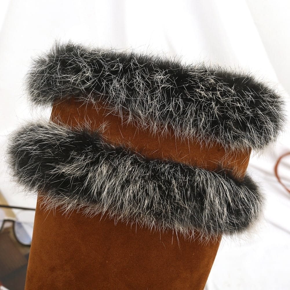 Women Brown Pointed Toe Knee Boots with thin High Heels and Double Grey Fur detail Booties