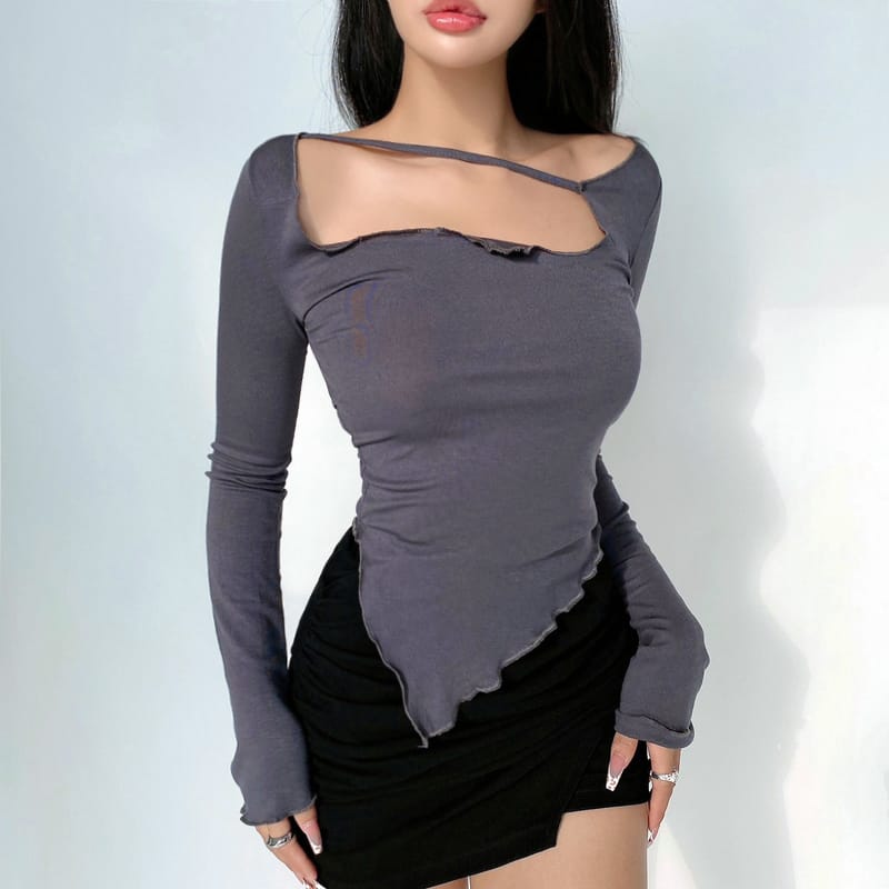 Women Black Long Sleeve Asymmetric top with Lettuce Edge Trim detail