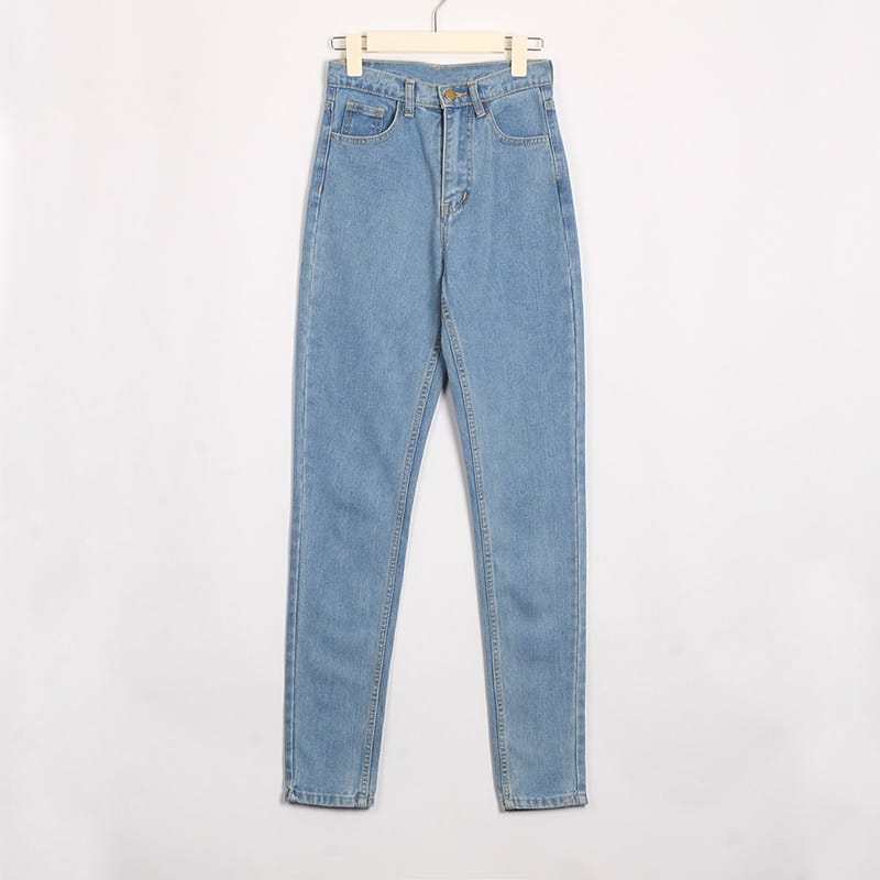 Women Light Blue High Waist Mom Jeans Pants Long Denim Trousers