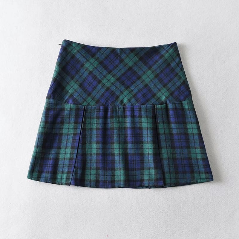 Women Green and Blue High Waist A-line Plaid Pleated Mini Skirt Checkered Tennis