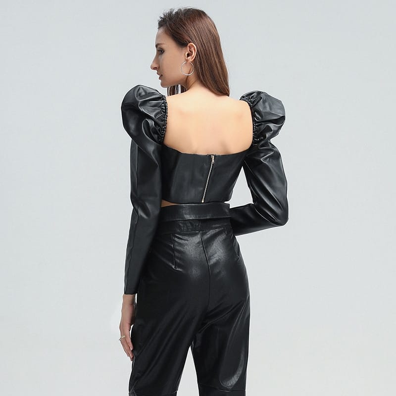 Women Black Leather Corset Style top with Long Puff Sleeve Blouse