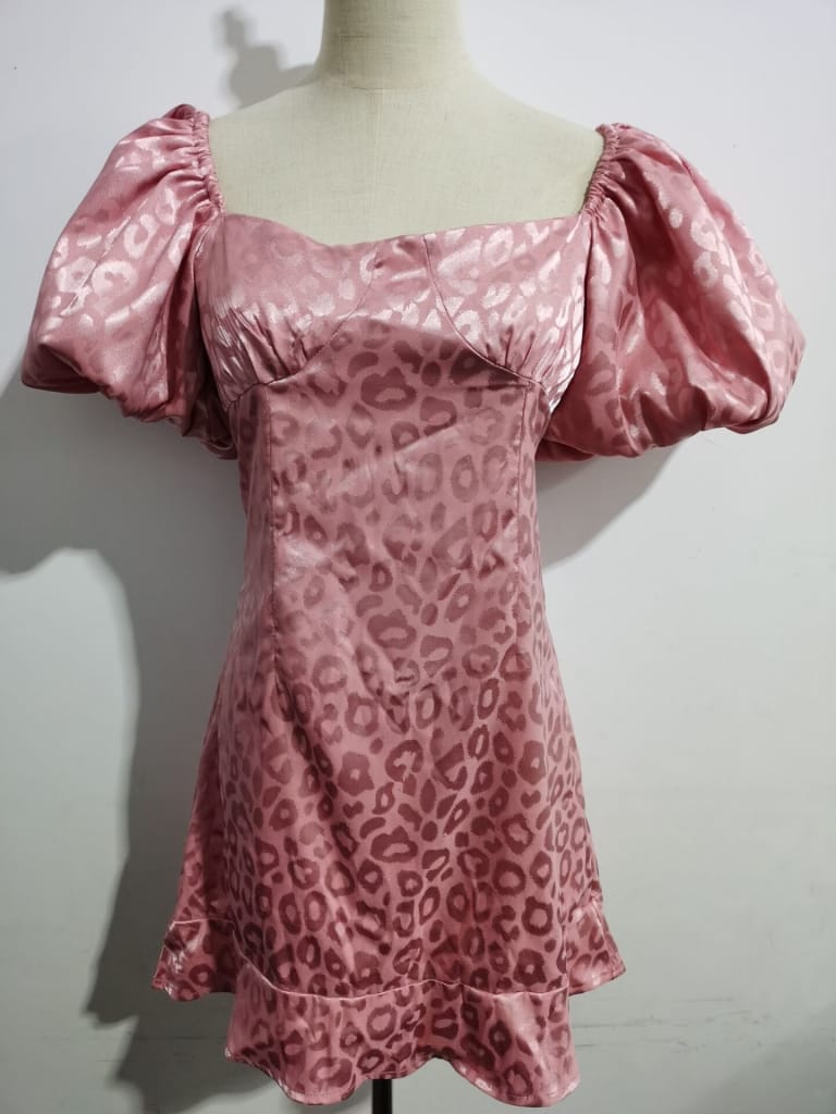 Pink Leopard Satin Mini Dress with Puff Short Sleeve and Lace up back detail