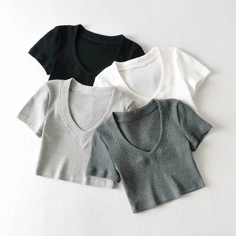 Women Light Grey Super Cropped top with Short Sleeve Fitted Waffle T-shirt