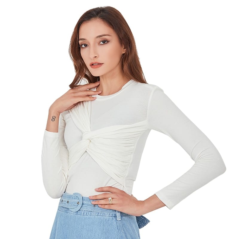 Women Solid White Unique Cross front Ruched Long Sleeve T Shirt top O Neck Slim Cut Blouse