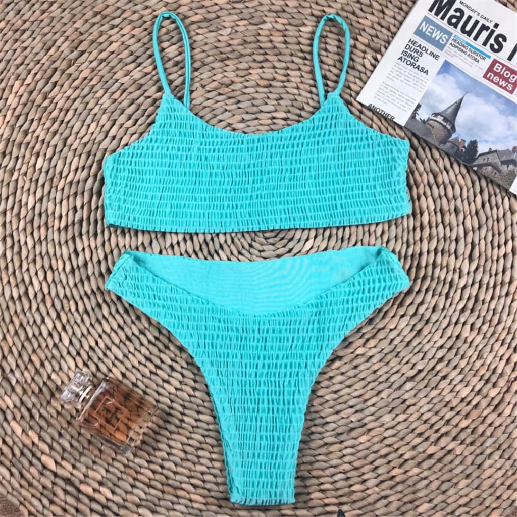 Women Teal Blue Smocked Wrinkled Bikini Tank Set