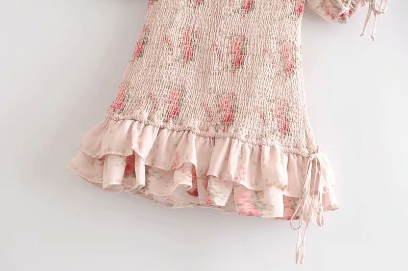 Women Pink Floral Print Elastic Ruched Mini Dress with Short Puff Sleeve and Ruffles Hem detail