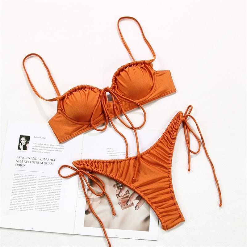 Solid Brown Underwire Ruched Push up Bikini Set