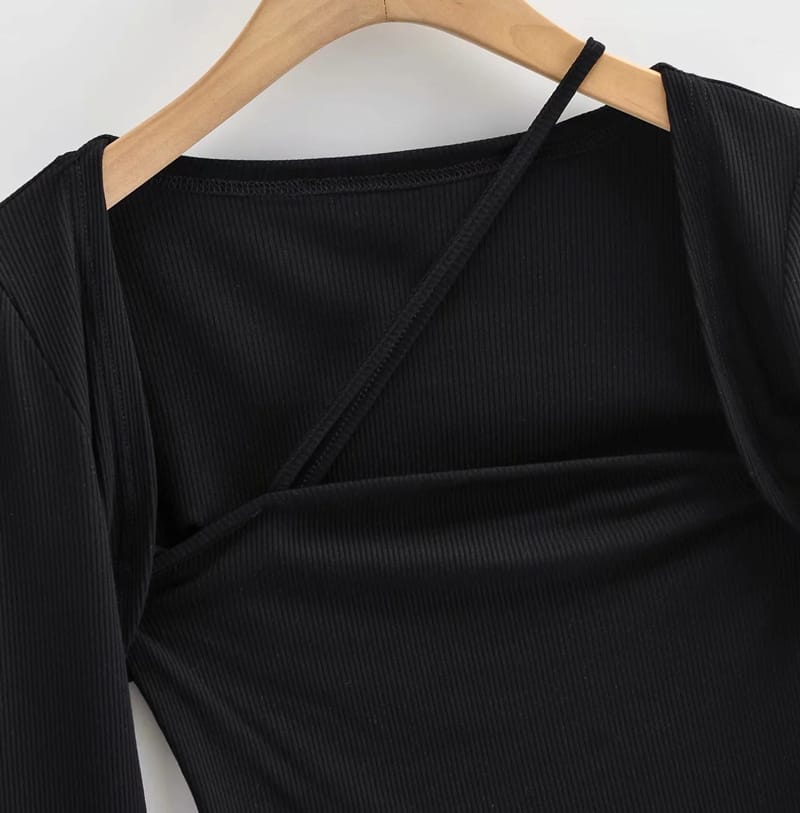 Women Black Long Sleeved top Square Neck Crop Tee with Asymmetrical Strap detail