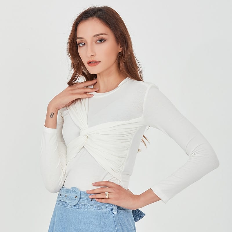 Women Solid White Unique Cross front Ruched Long Sleeve T Shirt top O Neck Slim Cut Blouse