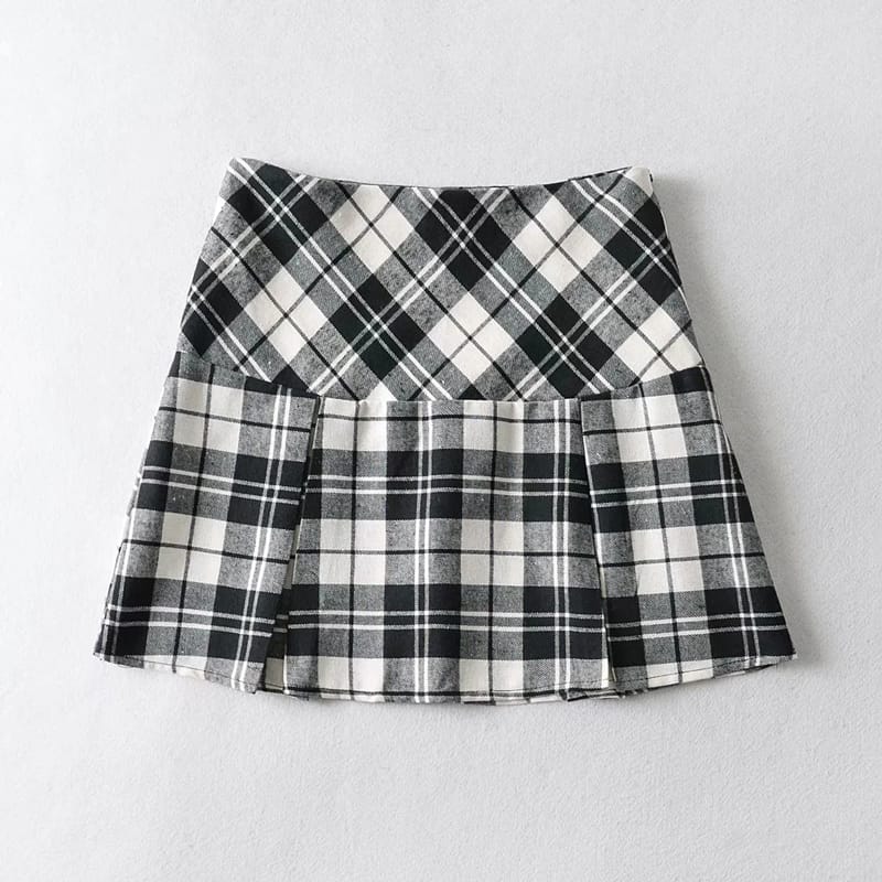 Women Green and Blue High Waist A-line Plaid Pleated Mini Skirt Checkered Tennis