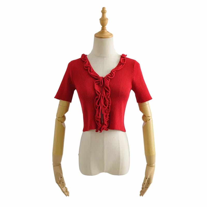 Women Khaki Vintage front Dual Center Tie Short Sleeve Knit Cardigan top with Ruffles detail