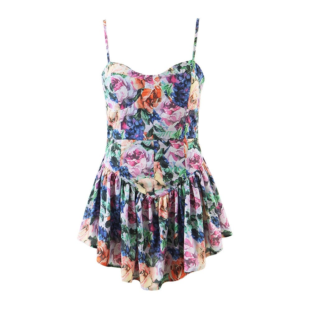 Multi Color Floral Print Cami Strap Pleated Hem Corset Style Mini Dress