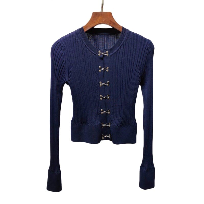 Women Navy Blue Ribbed Long Sleeve Cardigan top with Hook and Eye front