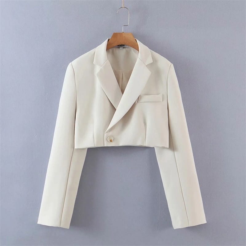 Women Beige Two Piece Skirt Set with Cropped Blazer Jacket and Wrap Mini