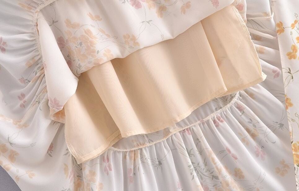 Sun-imperial Beige Vintage Ruffled Decor off the Shoulder Chiffon Floral Print Midi Dress