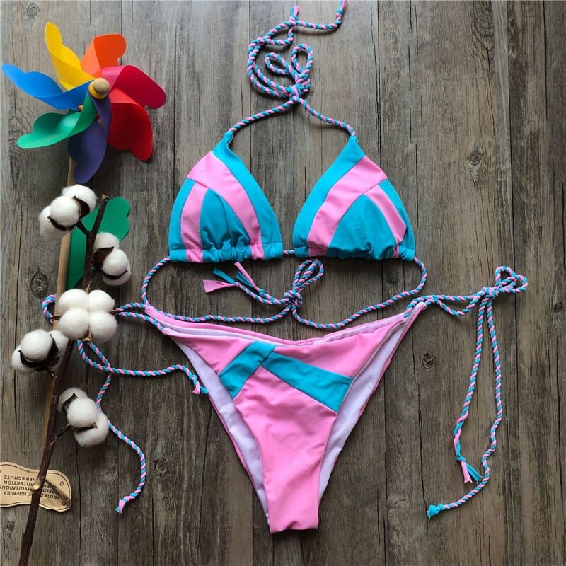 Color Block Hot Pink Blue Brown Bikini Set Women’s Swimming Suit Halter Drawstring Bathing