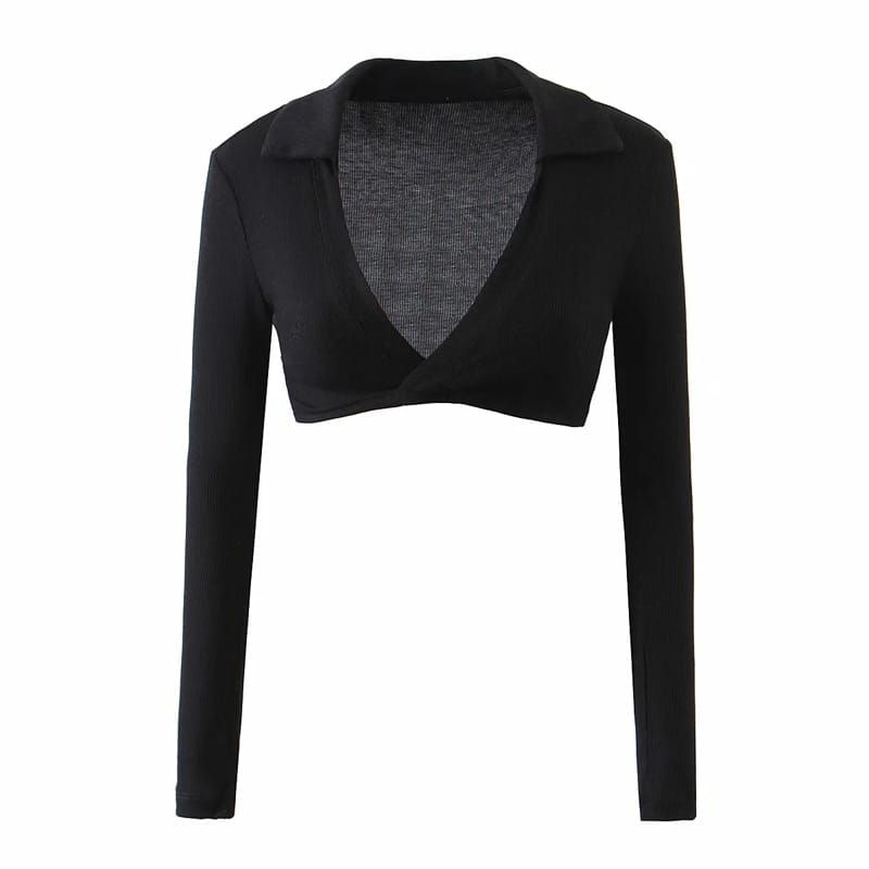 Women Ribbed Black Long Sleeve Deep V Neck Wrap Super Crop top with Collar