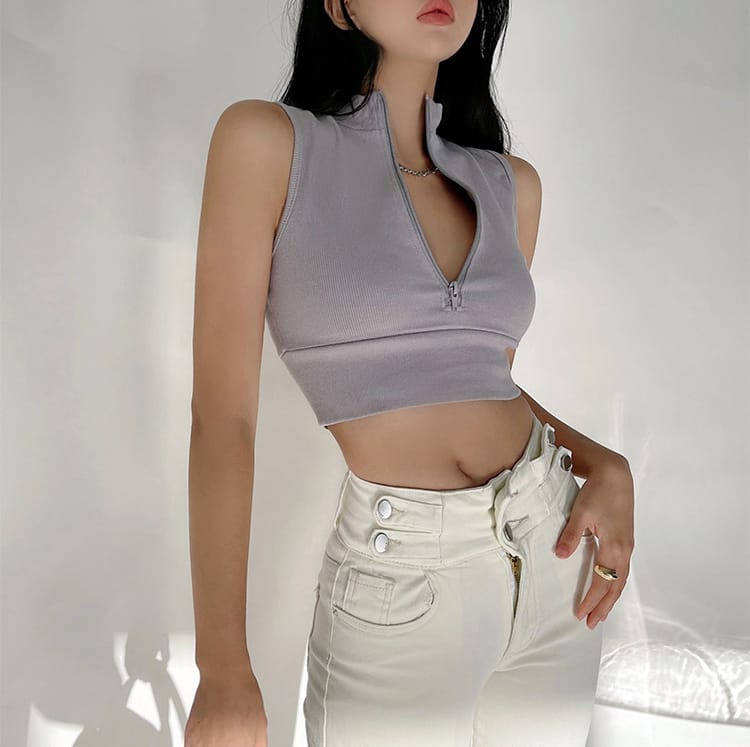 Women White Sleeveless Half Zip Crop Tank top with High Neck