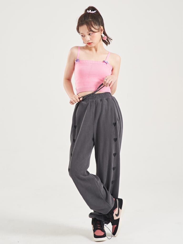 Women White Oversized Jogger Sweetheart Sporty Pants with Drawstring Cuffs and Heart Print detail