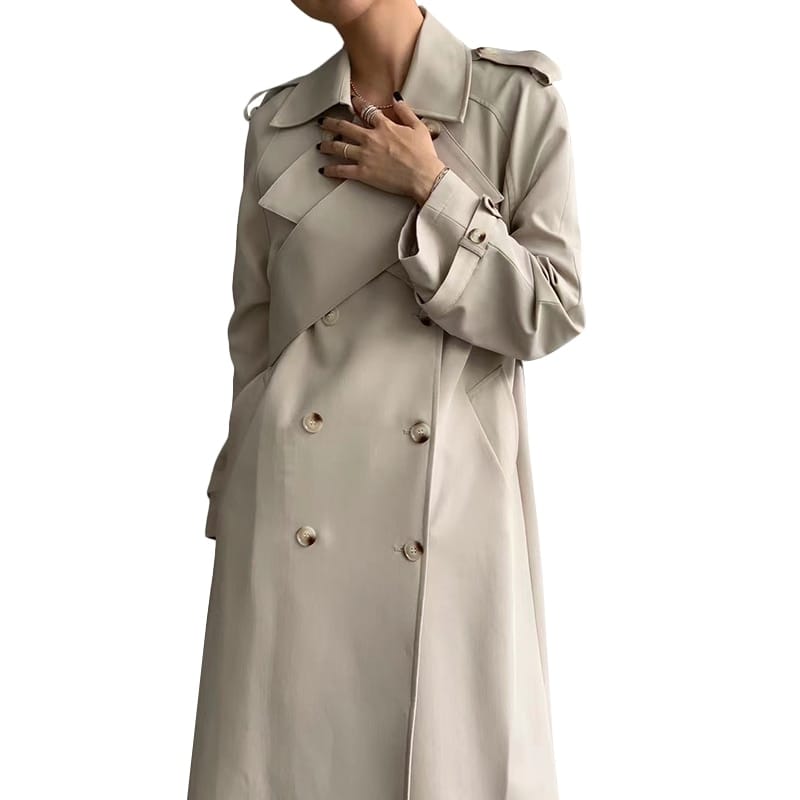 Woman Khaki Casual Maxi Trench Turndown Collar Long Sleeve Asymmetrical Autumn Coat