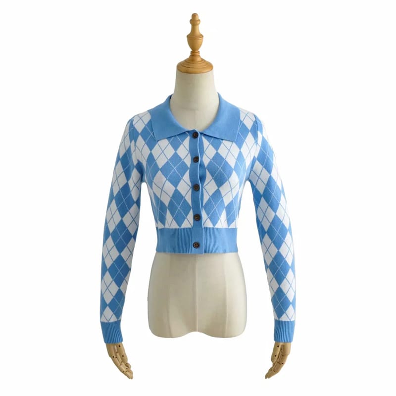 Blue Women Collared Fitted Crop Cardigan Knitted Argyle